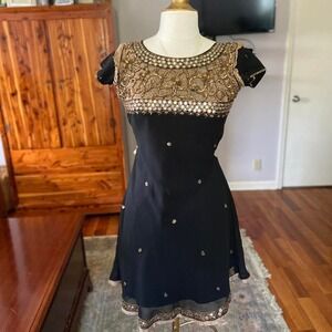 Black Gold Indian Embroidered Mirror Work Mini Dress Keyhole Back Party Womens